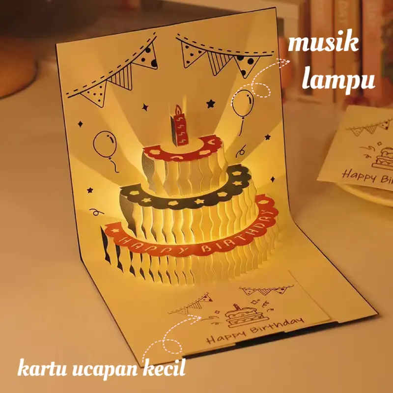 Kartu Ucapan Pop Up 3D Bentuk Kue Ulang Tahun Dengan Lampu + Musik Cards 4