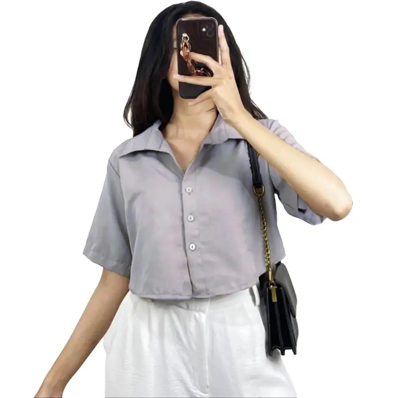 Kemeja Crop Wanita Lengan Pendek Korean Outfit Style Bahan Shakila Twill 6
