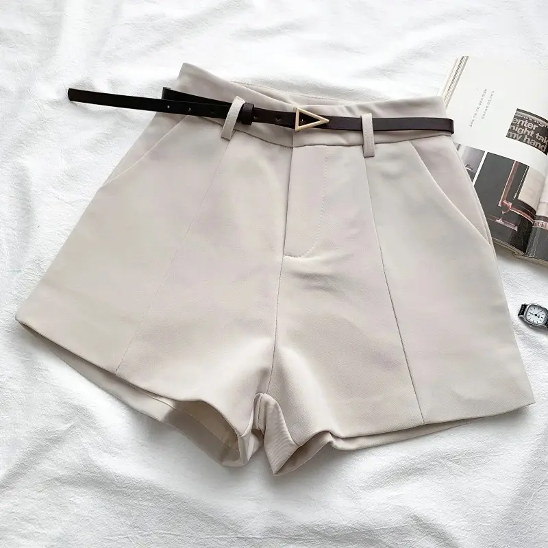 Casual Women's Shorts A-line High Waist Short Chic Office Lady Shorts With Belted Vintage Female Trousers Spring Summer Fabric Fit Womenswear Pants 6