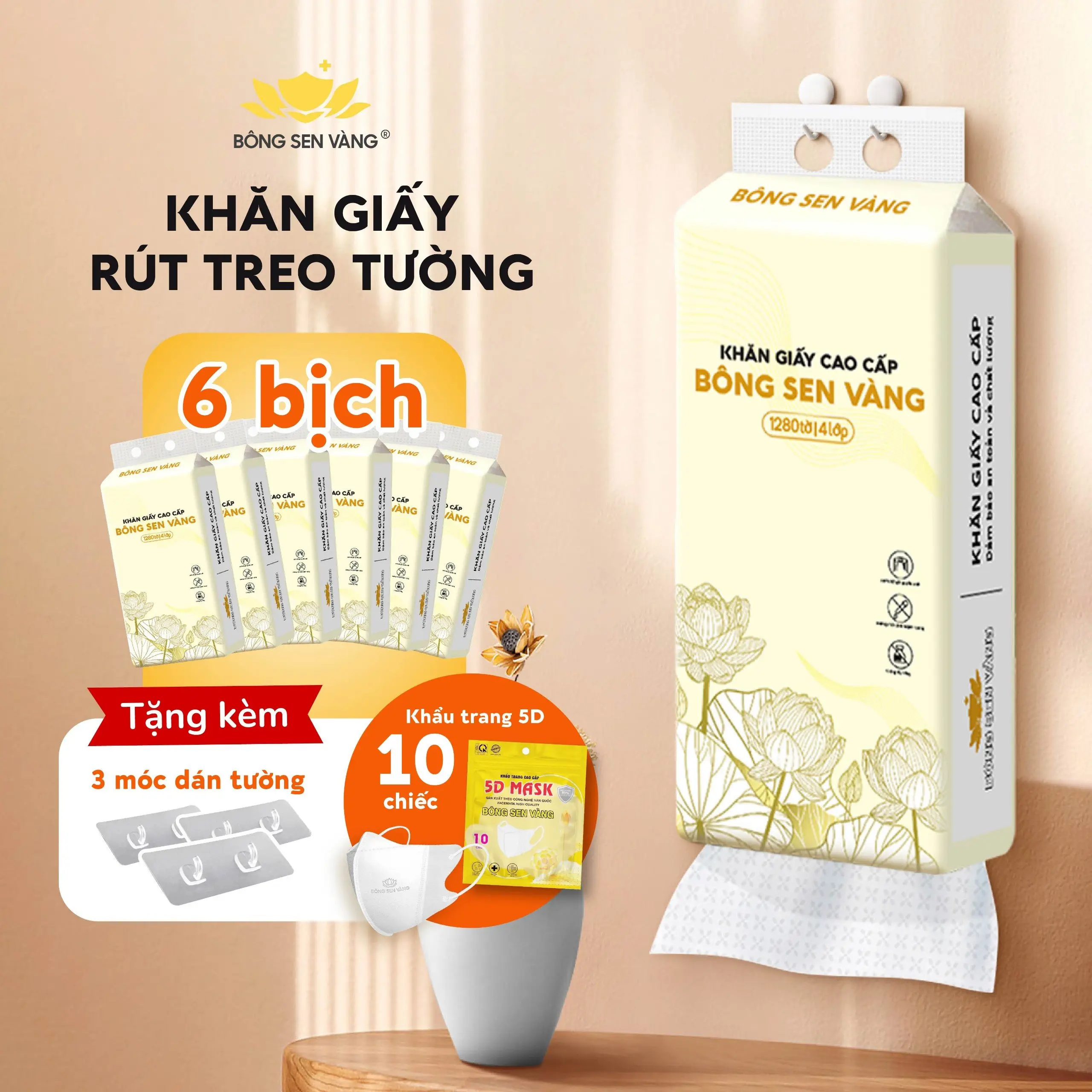 Thùng 6 Bịch Khăn Giấy Rút Bông Sen Vàng Siêu Dày Dặn, Tặng Kèm 3 Móc Treo Tường + 10 Cái Khẩu Trang 5D - Giấy Vệ Sinh Giấy Ăn