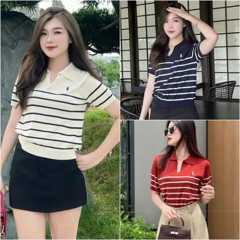 Áo len mongtoghi nữ cổ polo tay ngắn kiểu kẻ ngang Áo thun dệt kim cổ bẻ V thêu ngựa hàng Quảng Châu
