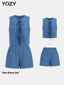 Two-piece Set YOZY Women's Solid Color Tie Front Sleeveless Top & Shorts, Casual Fashion Cozy Set for Daily Outdoor Wear, Ladies Clothes for Summer