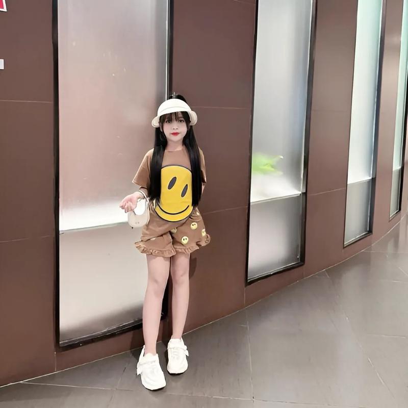 4-14 TUỔI Bộ quần áo bé gái áo cộc tay in hình mặt cười dễ thương chất vải cotton mềm mịn.M19 5