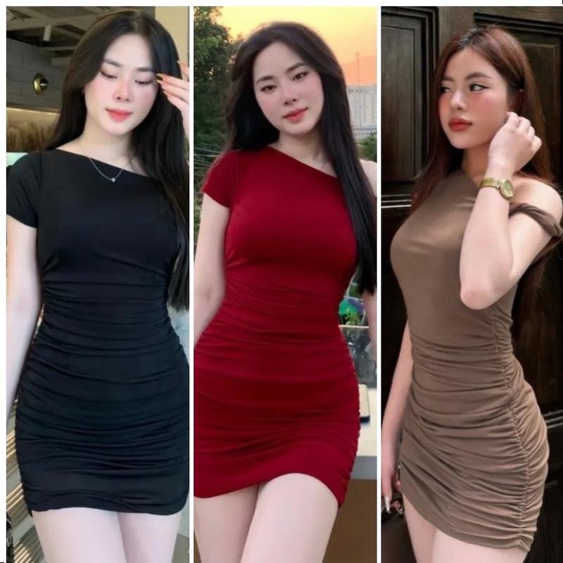 Váy body tay ngắn lệch vai nhún thân dáng ngắn dễ thương - thun ladong HD632 Váy boby , váy body nữ tôn dáng , váy xinh , váy đi tiệc , váy đi biển