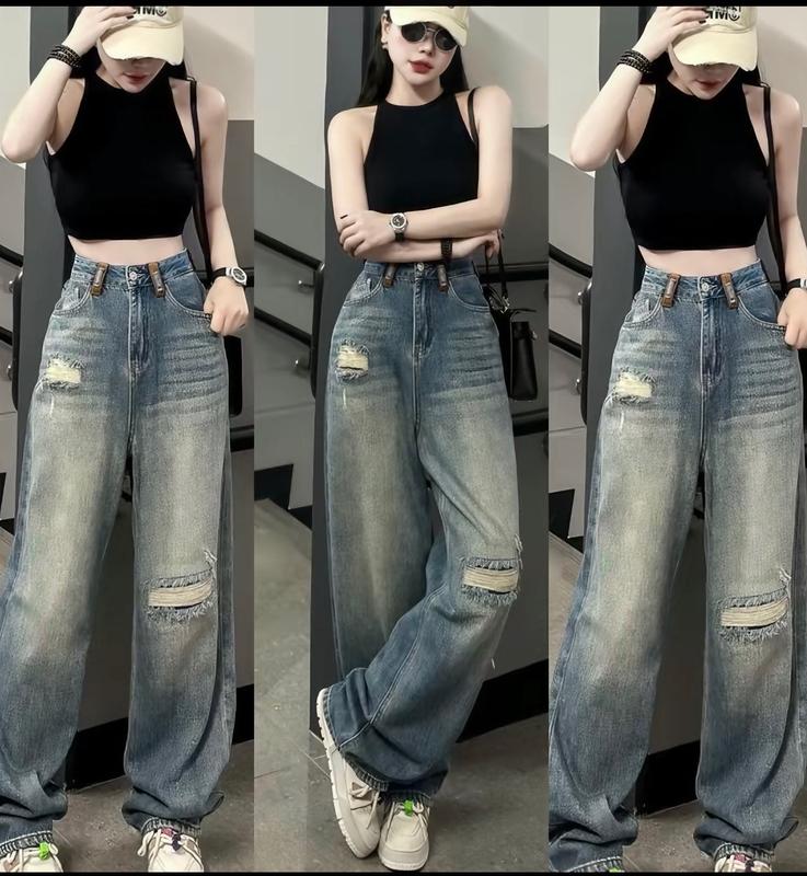 CH51 - Quần jeans suông rách gối màu đậm phối đai nâu vải mềm mịn lưng cao Nữ Pants