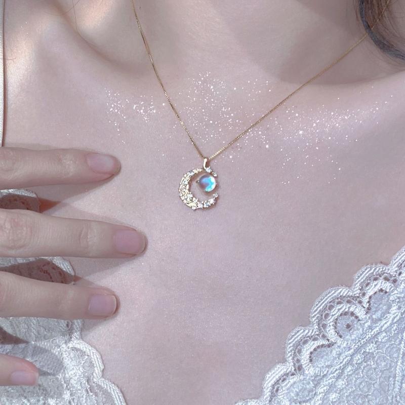 Product Introduction of Titanium Steel Necklace Moonstone Necklace Female Light Luxury Minority Simple Colorful Moon Clavicle Chain 6