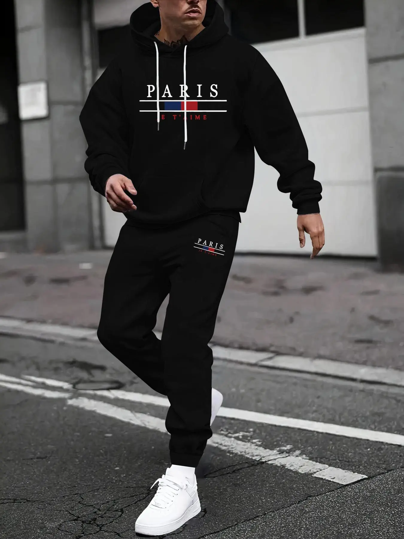 Men's Letter Print Kangaroo Pocket Hoodie & Drawstring Waist Sweatpants Two-piece Set, Regular Fit Casual Fashion Cozy Breathable Two Piece Outfits for Daily Wear, Men's Clothes for Fall & Winter