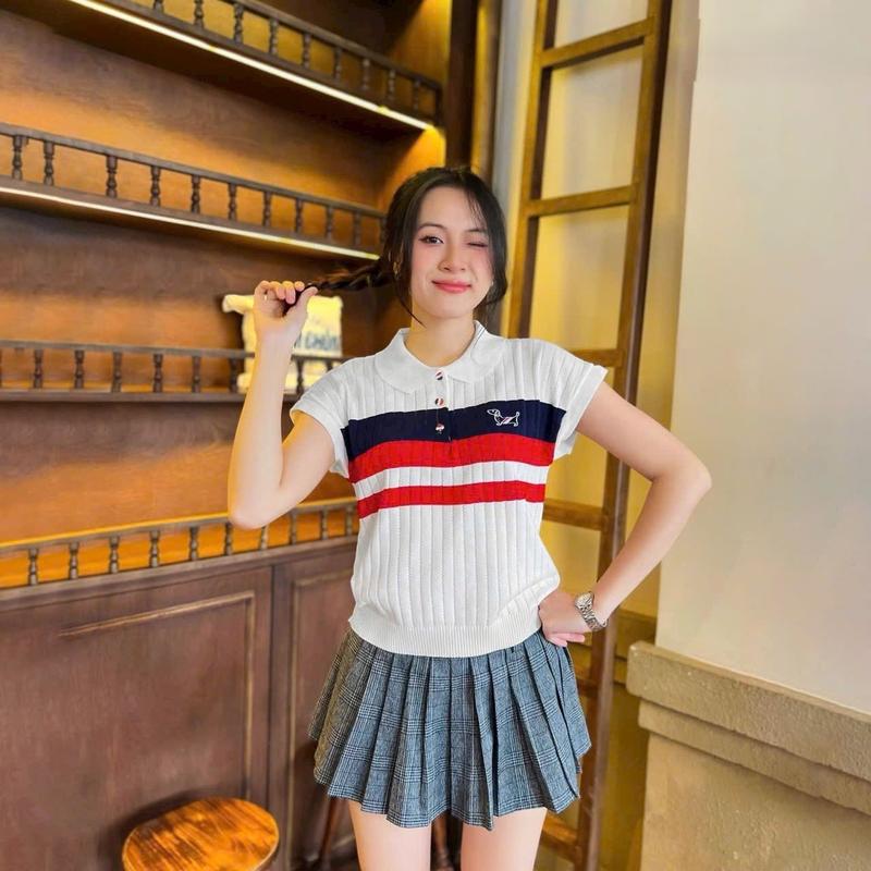 Áo len polo QC lỗ lưới Pha kẻ sọc Thêu C.ún -Thoáng Mát - Trẻ Trung Ngắn Tay Có Cổ Nữ Women Top