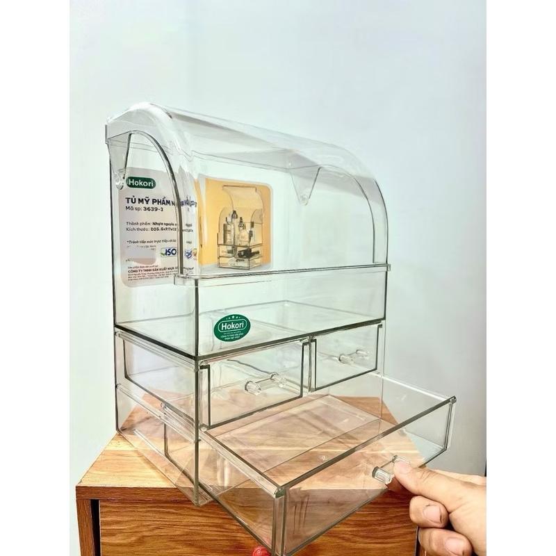 Tủ mỹ phẩm 3 tầng có nắp đậy Hokori Việt Nhật nhựa Nguyên sinh trong suốt cao cấp - Kitchen kệ đựng mỹ phẩm
