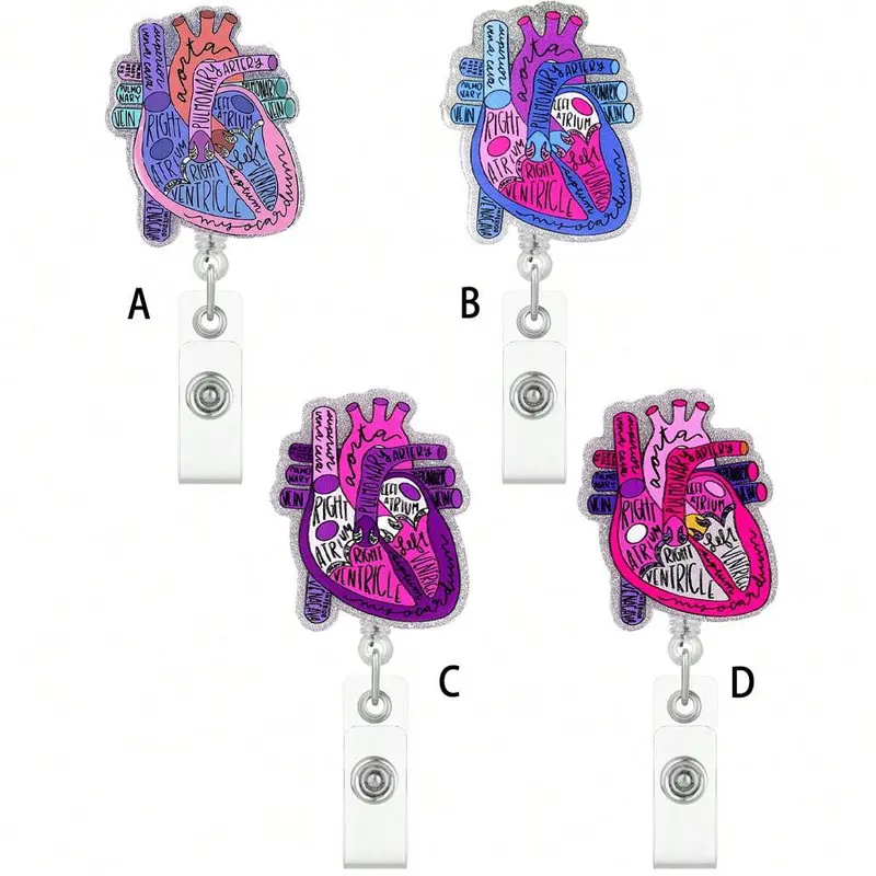 Heart Pattern Badge Holder, 1 Count Retractable Badge Reel with ID Clip, Identification Badges & Supplies for Nurse Doctor Student Worker 0