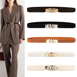Women's Leather Elastic Thin Belt Solid Metal Buckle Fashion Stretch Waist Belt Fit Dress Decoration