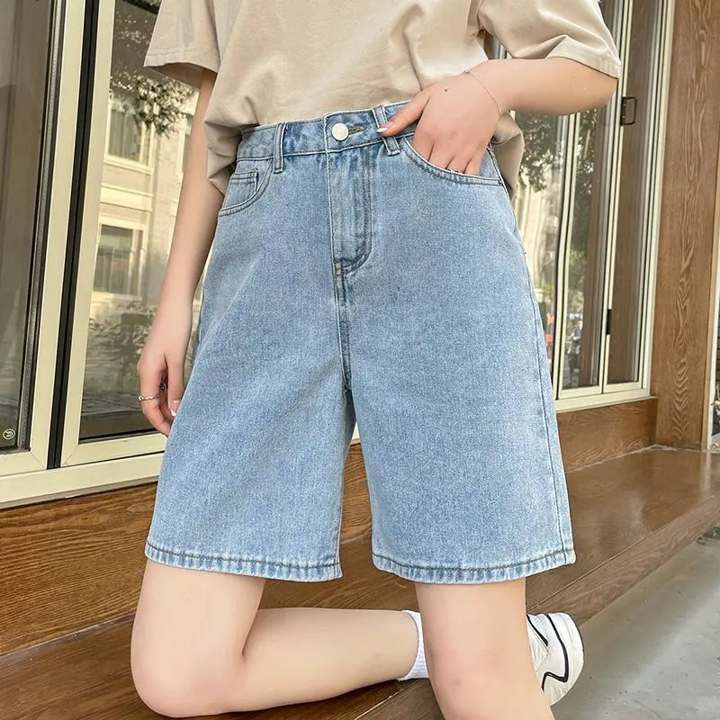 Celana Kaki Lebar Longgar Baru Musim Panas Celana Pendek Denim Pinggang Tinggi Celana Lurus Baru Pelajar Slim-Fit Wanita/Q043 1
