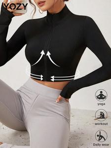 YOZY-GOOO Women's Solid Zip Up Raglan Sleeve Sports Jacket, Sporty Long Sleeve Stand Collar Crop Outerwear for Gym Workout Running, Ladies Sportswear for All Seasons