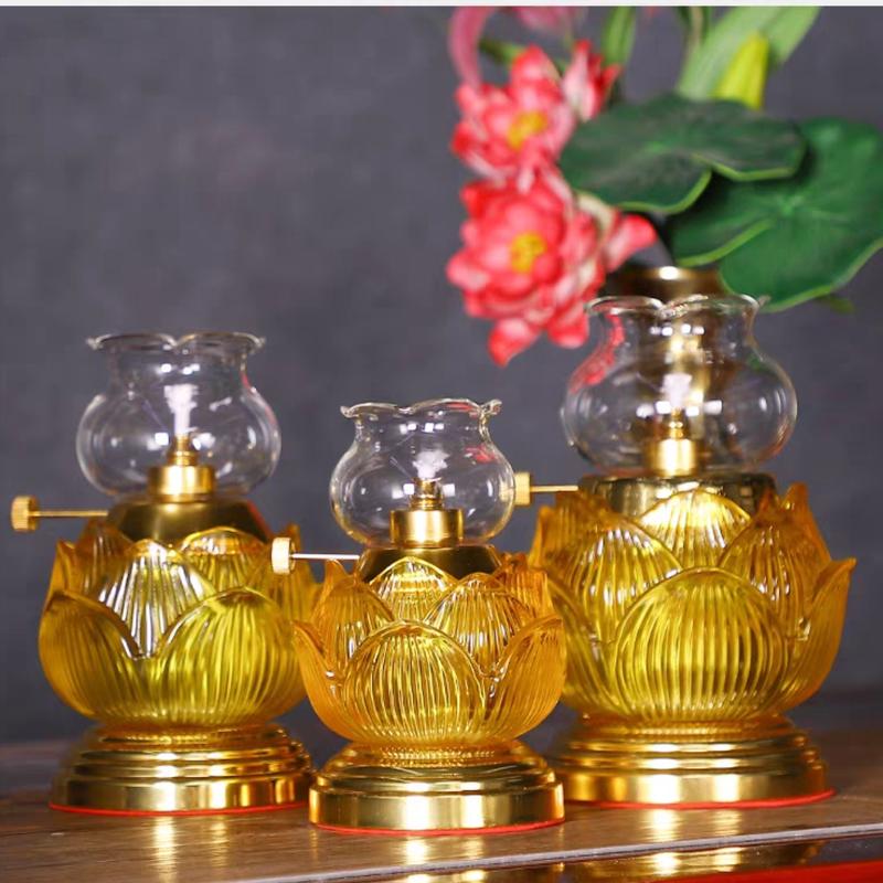 Đèn Dầu Lưu Ly Hoa Sen 035 Chân Đồng 2 Màu Trắng, Vàng ( Gia Tính 1 Cây ) dendecor