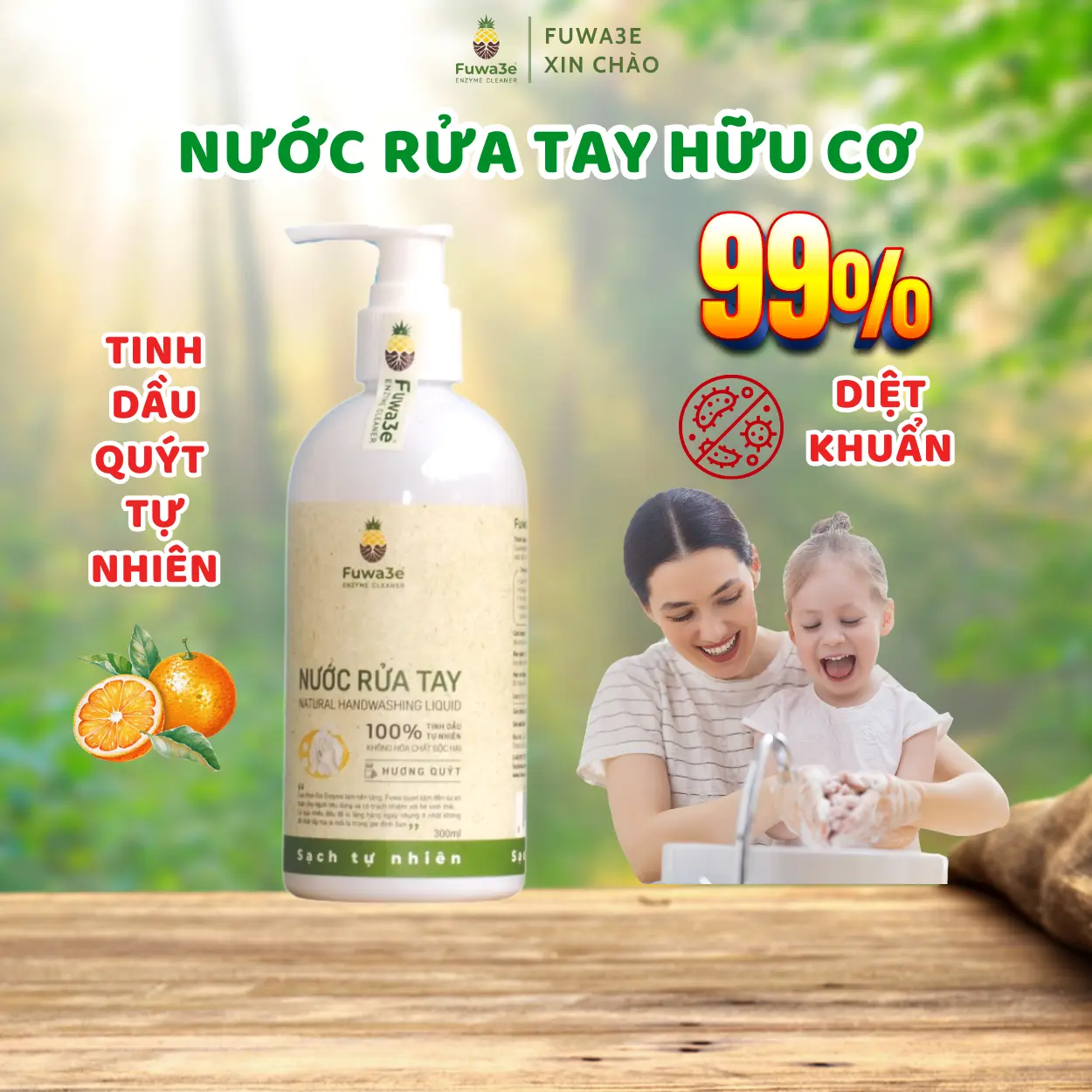 [Fuwa3e] Nước Rửa Tay Hữu Cơ, Mùi Tinh Dầu Quýt Tự Nhiên. Hàng Enzyme Sinh Học An Toàn Cho Da #Skincare