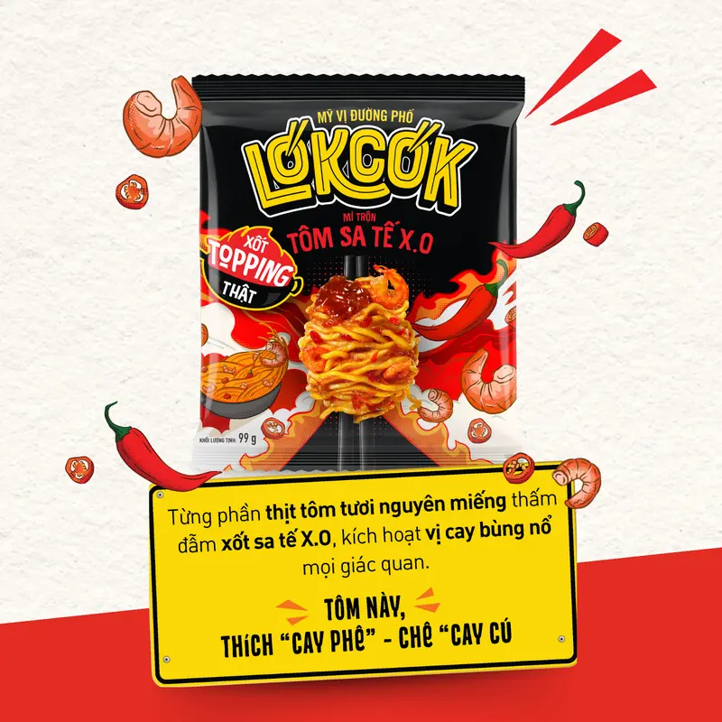[Chính Hãng] Mì Trộn Tôm Sa Tế X.O Xốt Topping Thật LÓKCÓK (99 gram) Food Thức Ăn Cay 5