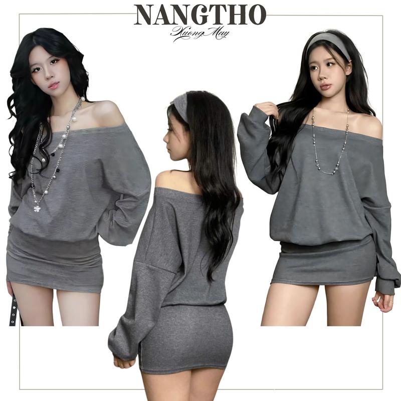 T219 [Không Kem Turban] Đầm Liền Thân Ôm V3 Trễ Vai Cực Slay Chất Thun Gân Co Giãn