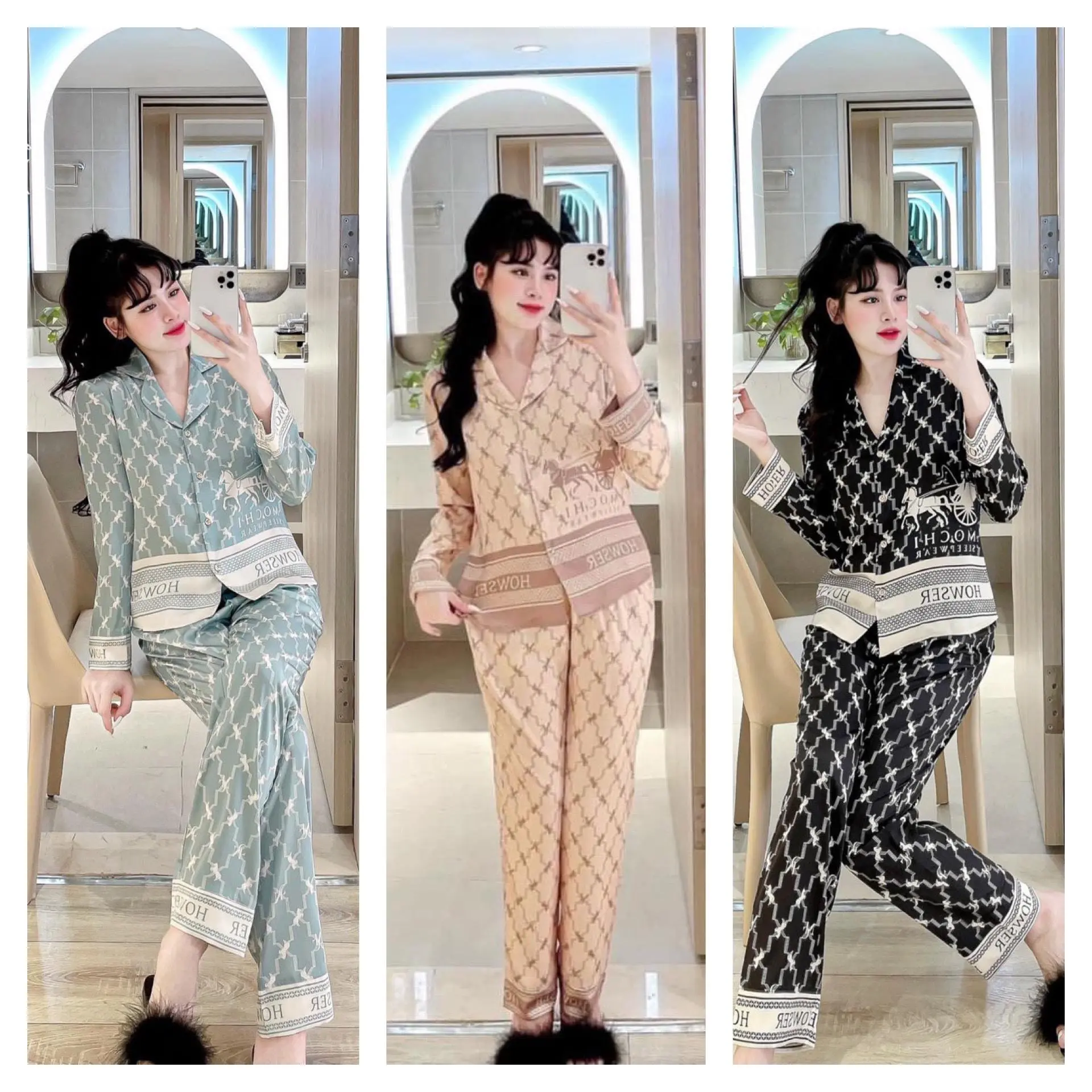 Bộ Đồ Pijama Nữ Tay Dài Chất Lụa Xước Bbrr