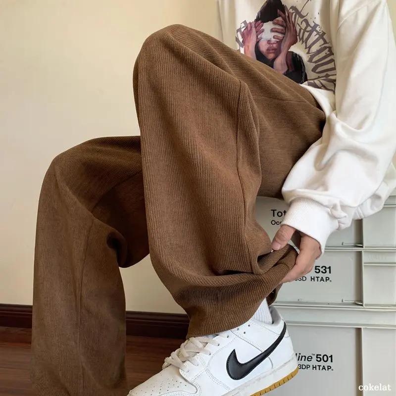Celana Corduroy Panjang unisex celana korduroy pria korean style baggy pants coklat retro celana kulot pria oversize cordutoy Pants celana panjang pria loose pants celana pria keren celana hitam celana kain celana corduroy pria  Remaja Casual Straight 3