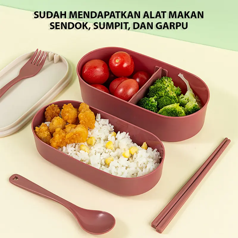 Lunch Box Kotak Makan 700ML 2 Layers I Bento Box Free Sendok I BPA Free Blue Kitchenware  Garpu  Pink Tali 6
