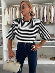 Women's Striped Print Tee, Casual T-shirt for Daily Wear, Ladies Clothes for All Seasons, Top