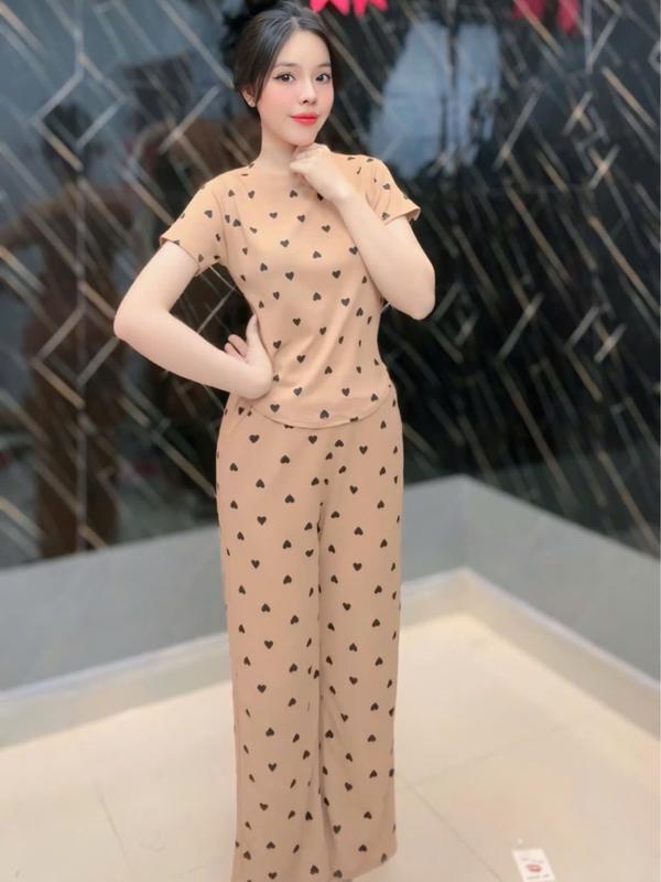 B-56 Bộ Thun Tăm In hình tim Áo cổ Tròn Nữ HOT HIT 1