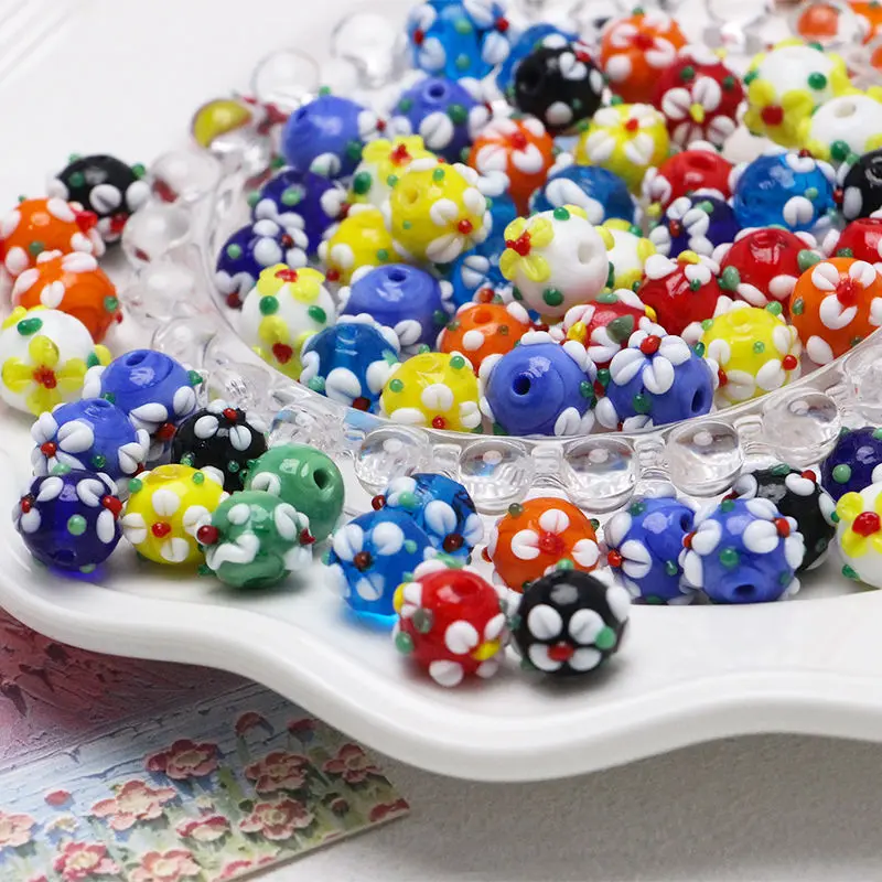 [Sakura Cream] Colorful Hand-painted Flower Glass Beads DIY Handmade Beaded Necklace Bracelet Cream Beads