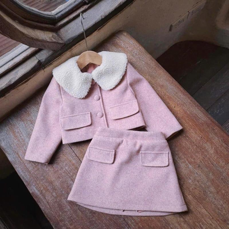 SET ÁO DẠ HỒNG CỔ LÔNG MỀM, KÈM CHÂN VÁY DẠ DÁNG A DÀNH CHO BÉ GÁI (8-30kg)