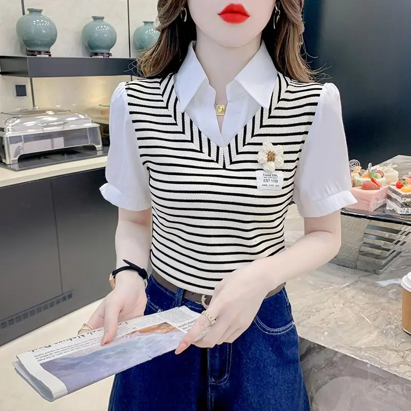 Áo Sơ Mi Ngắn Tay, Thiết Kế Hai Mảnh Giả, Họa Tiết Sọc, Dành Cho Nữ, Phong Cách Trẻ Trung, Hàng Mới Về Mùa Hè 2024, Áo Ngắn Đẹp