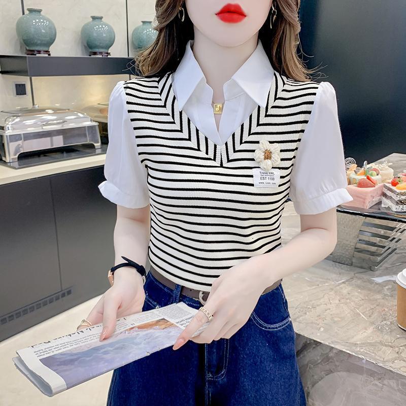 Áo Sơ Mi Ngắn Tay, Thiết Kế Hai Mảnh Giả, Họa Tiết Sọc, Dành Cho Nữ, Phong Cách Trẻ Trung, Hàng Mới Về Mùa Hè 2024, Áo Ngắn Đẹp 0