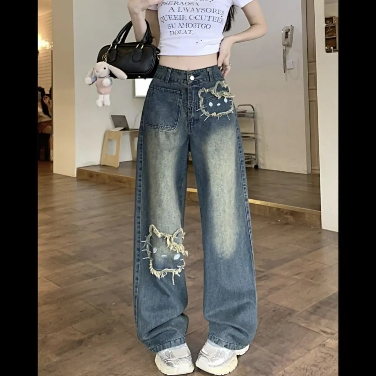 Seluar Jeans Kaki Lebar, Gaya Retro Jalan Tinggi Amerika, Rekaan Tampalan Bersulam Kucing Kitty, Untuk Pakaian Musim Panas Wanita, Ketibaan Baru, Fesyen Cina, Seluar Kaki Lurus