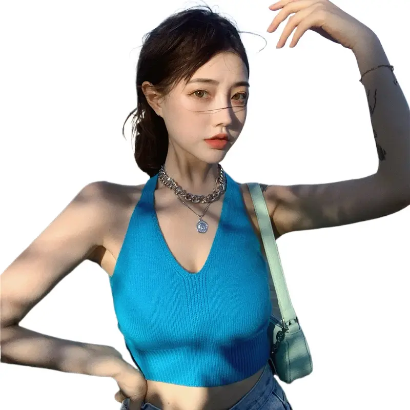 Burst sell fashion halter short European and American network red summer knitted V-neck halter top vests