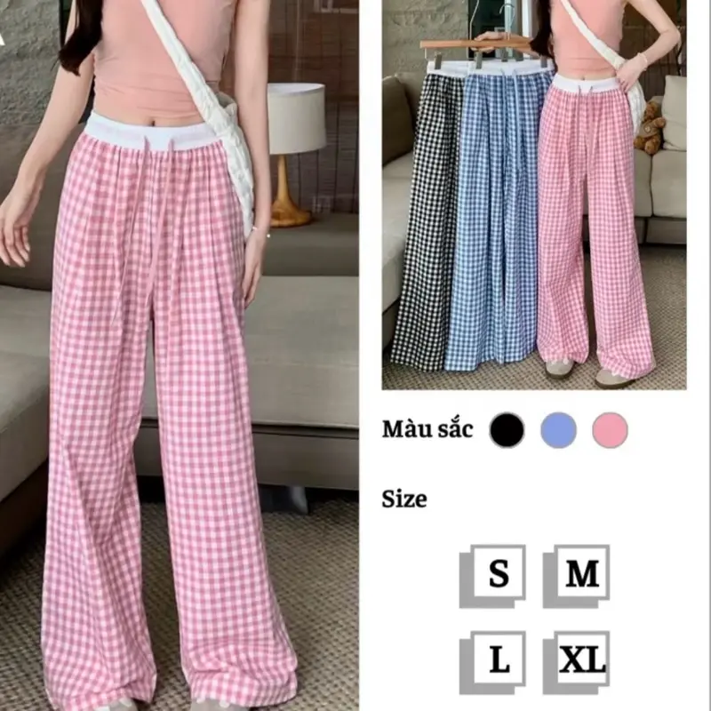 Quần Suông Đũi Hoạ Tiết Kẻ CARO Phối Trắng,Cạp Chun Dây Rút