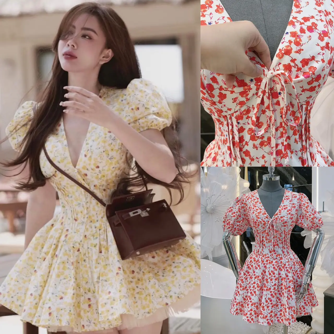 Đầm Hoa Thiết Kế Cổ V Tay Phồng Bigsize Kim Ngân 50 kg đến 100 kg (S/M/L/Xl/XXL) DX147