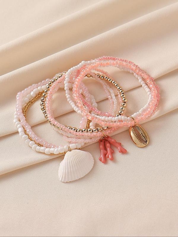 Boho Style Colorblock Beaded Anklet, Fashionable Shell & Leaf Charm Decor Anklet for Women & Girls, Elegant All-match Fashion Accessories for Daily Wear 3