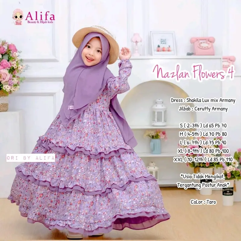 Nazlan Vol 4&7 Gamis Anak perempuan bestseller Bunga Alifa Kids Dress Shakila Rempel Muslim Motif Syari 2