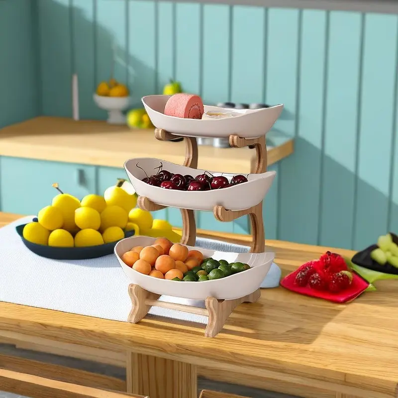 3 Tier Fruit Tray, 1 Count Dessert Plate with Bamboo Stand, Snack Serving Tray for Home Kitchen Party, Summer for Gift 3