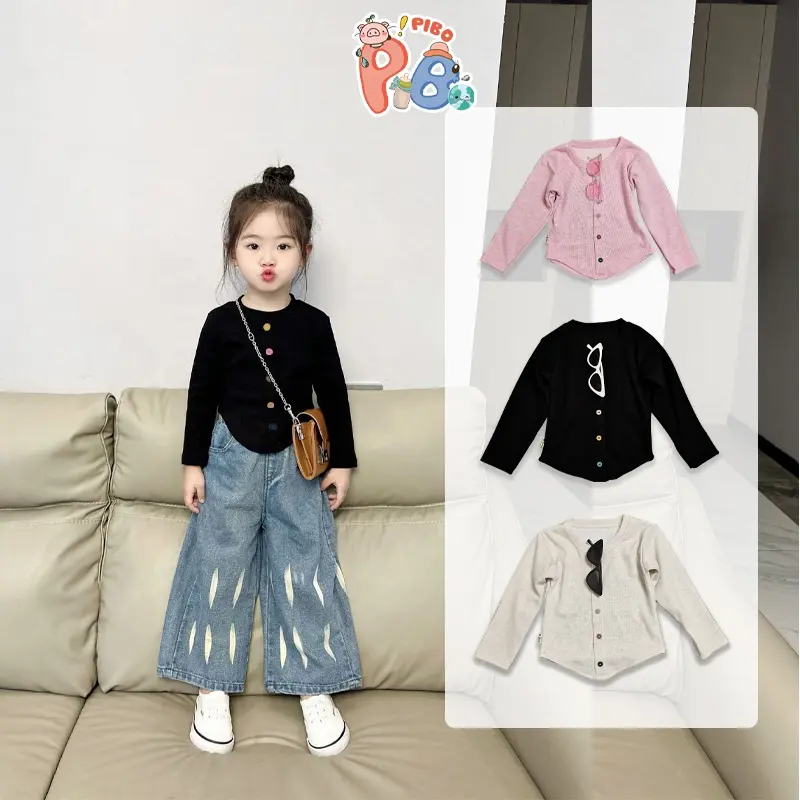 Áo Thun Dài Tay Cho Bé Gái Lượn Tôm Đính Cúc Vải Len Lông Thỏ Cực Đẹp 0