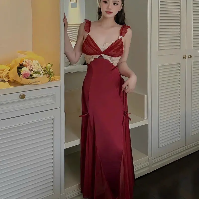 V18. Váy Ngủ Lụa Cánh Tiên Dáng Dài - Váy Lụa Tiểu Thư Mặc Nhà Nữ Nhung 0