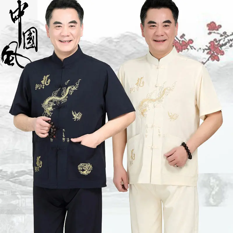 Tang dài thêu áo sơ mi ngắn tay quần áo người đàn ông hai mảnh đã gửi cho cha của ông nội trung quốc quần áo trung quốc