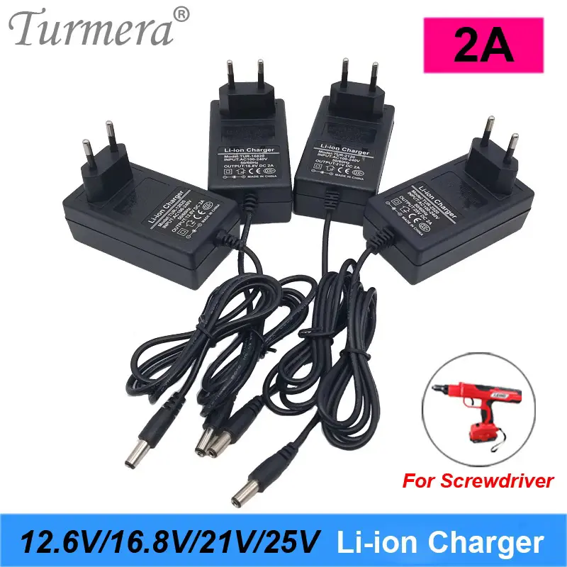 Turmera 12.6V 16.8v 21V 25v 2A 1.3a 1A 18650 lithium battery charger dc5.5 * 2.1mm for 3s-6s 12V -25v screwdriver battery pack use