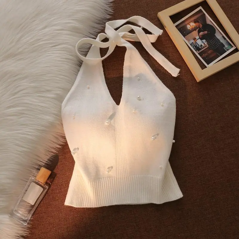 Áo Vest Dây Đeo Spaghetti Cổ Yếm Dệt Kim Đính Cườm Dành Cho Nữ, Có Thể Mặc Bên Trong, Lưng Đẹp Cao Cấp Áo Cơ Sở Không Tay Ngắn Cô Gái Nóng Bỏng, Phong Cách 2024 1