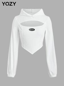 YOZY Women's Solid Cut Out Asymmetrical Hem Patched Hoodie, Casual Long Sleeve Bishop Sleeve Corduroy Top for Daily Outdoor Wear, Women Clothes for Spring Fall