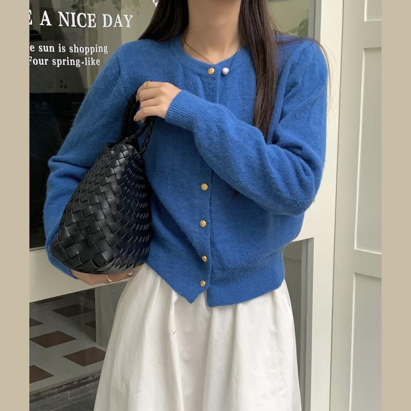 Áo Cardigan Dệt Kim Dày, Cài Nút Kim Loại, Áo Khoác Len Dáng Ôm, Dongdaemun, Hàn Quốc