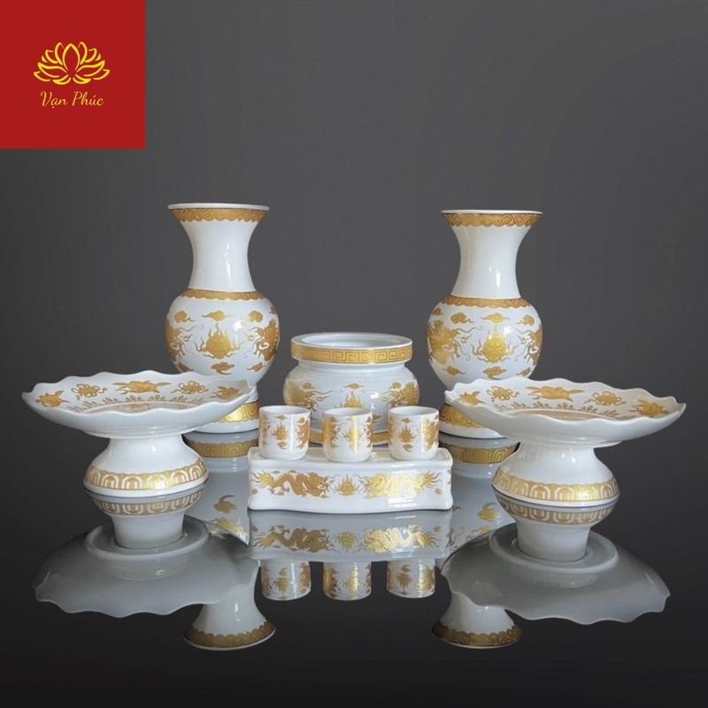  Bộ Thờ Cúng Bình  Lư  Dĩa Chun  Án Rồng Trắng Bằng Gốm Sứ Cao Cấp - Đồ Thờ Vạn Phúc 