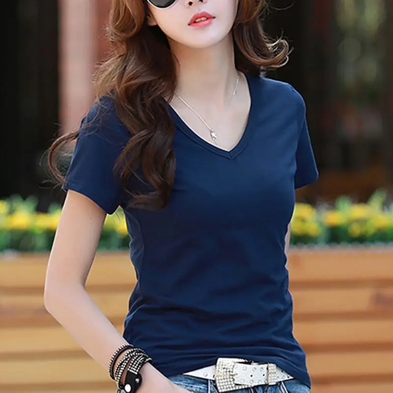 Áo Sơ Mi Nữ, Áo Phông Nữ Dáng Ôm, Chất Liệu Cotton, Cổ Áo Trái Tim, ngắn Tay, Áo Nữ Cổ Chữ V, Hàng Mới Về Mùa Hè Năm 2025 0