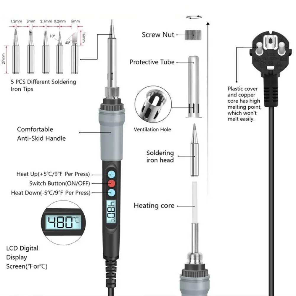 Welding Head 220V/110V Electric Soldering Iron Kit LCD Digital Display 90W Soldering Iron Pen Ceramic Heater Fast Heating Welding Tool Rework Repair