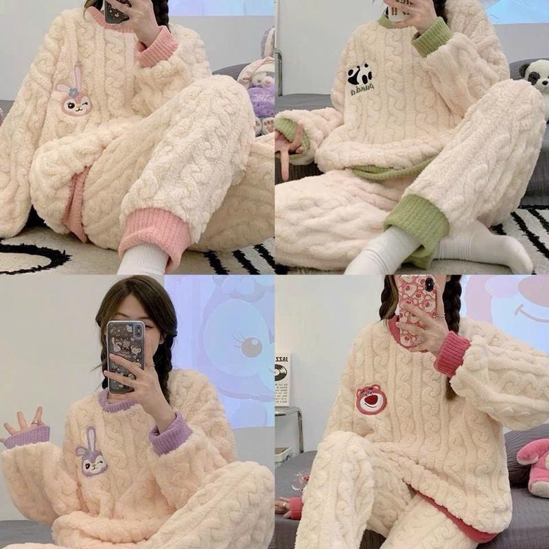 Bộ ngủ gấu thêu Women SIEURE Set bộ mùa đông bông vặn thừng phối viền thêu gấu cute mềm ấm