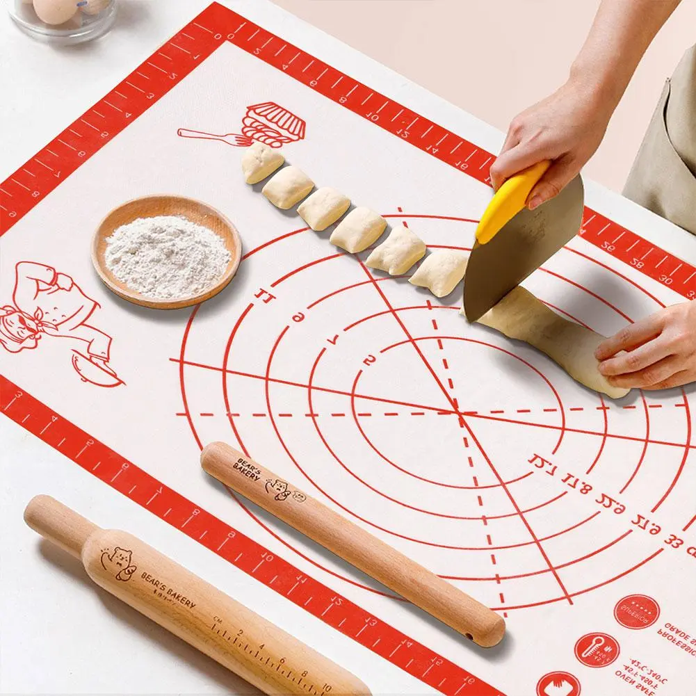 Silicone Baking Mat With Rolling Pin Non-Stick Pastry Measurement Dough Pad For Kneading Baking