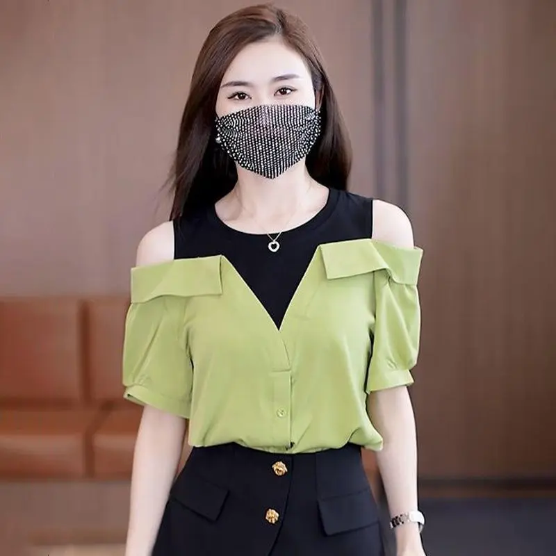 Áo Sơ Mi Bó Sát Và Thời Trang, Phong Cách Phương Tây, Dễ Phối Đồ, Trông Trẻ Trung, Thích Hợp Cho Mùa Hè, Cổ Tròn, Dáng Rộng Vừa Vặn, Che Bụng, ngắn Tay, Áo Trễ Vai Trang Phục Mùa Hè Cho Nữ, Năm 2025 1